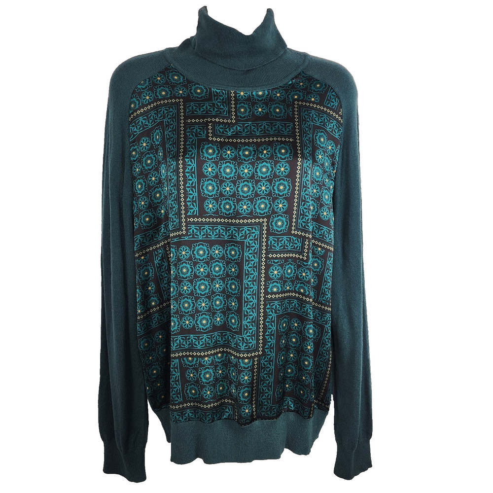 Ann Taylor Womens Teal Green Mixed Media Scarf Print Turtleneck Sweater Knit L